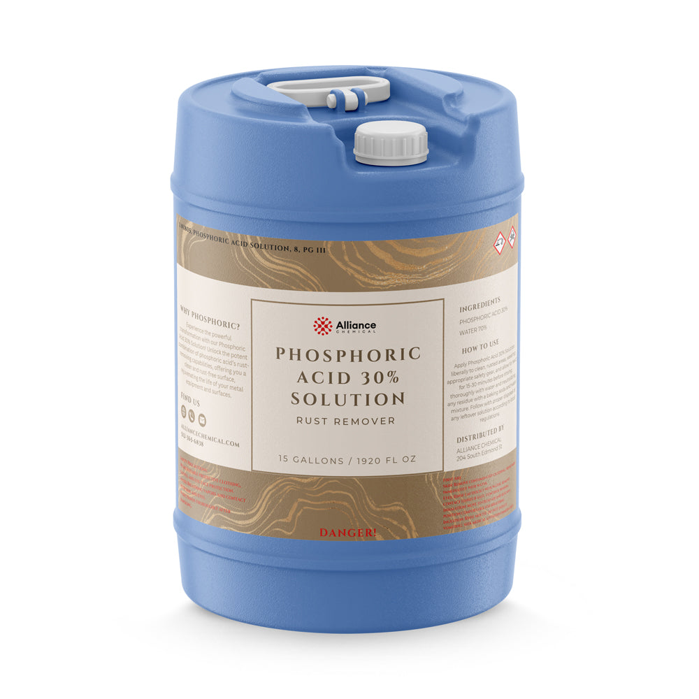 15-gallon blue HDPE drum of Alliance Phosphoric Acid 30% Solution rust remover with hazard symbols and white safety cap, 1920 fl oz.